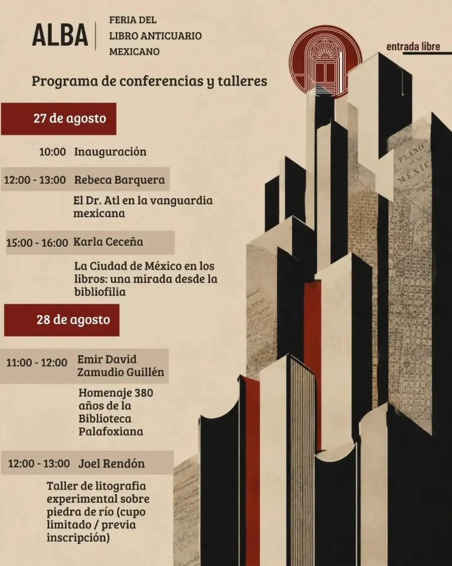 Cartel del programa ALBA 2026 con una composición arquitectónica en negro, crema y rojo