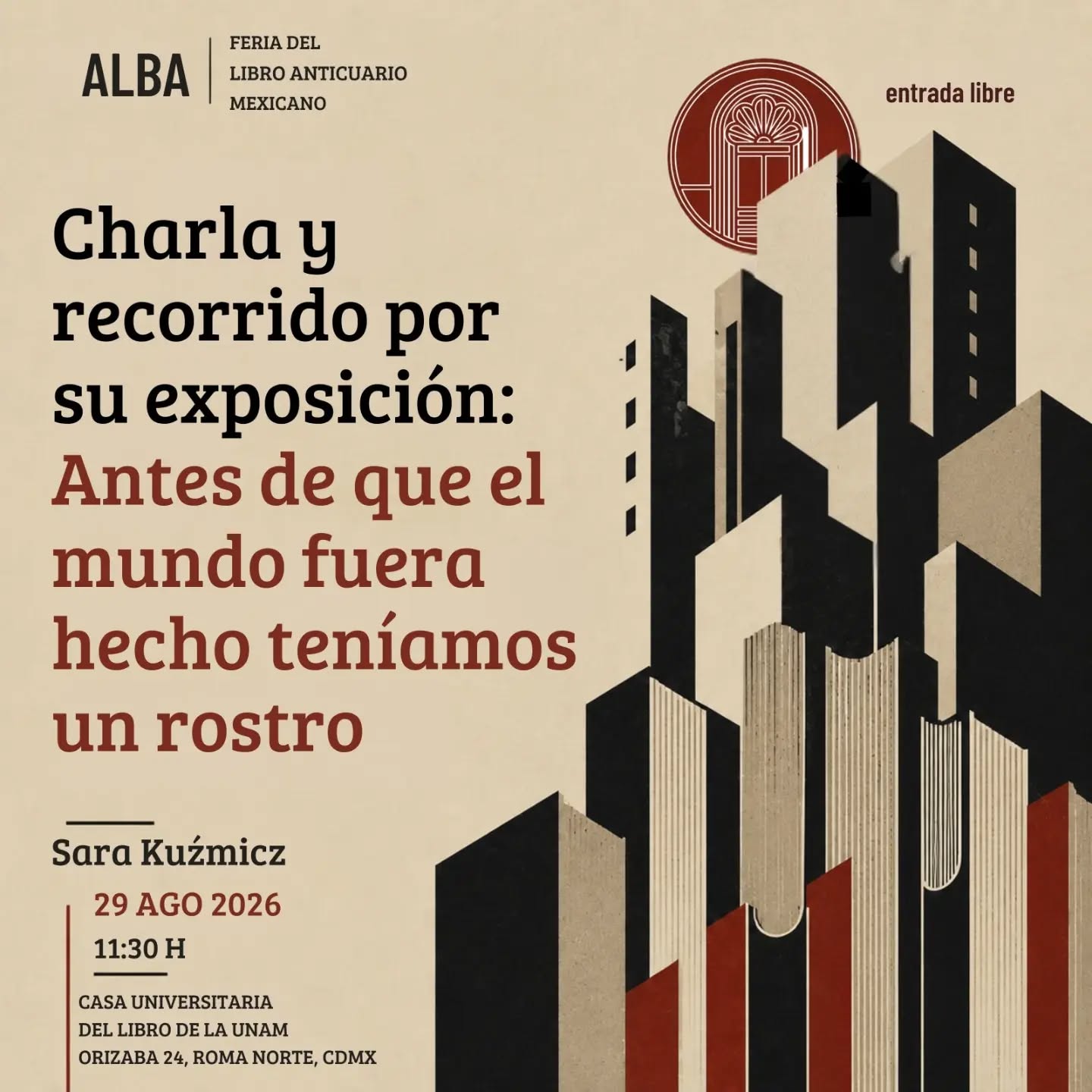 Cartel de una actividad de ALBA 2026 con formas arquitectónicas en negro, crema y rojo